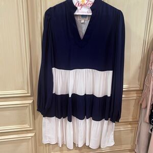 Flowy, tapered Sail to Sable Navy and White striped dress.